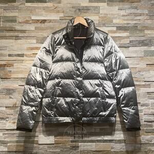 Athleta M Metallic Gray Goose Down Puffer Jacket | 90% Down Warm Silver Coat